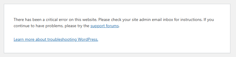 Website critical error message